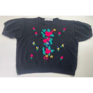 Amanda Scott Vintage 80s Knitted Sweater Short Sleeve Floral Embroidery Size 2x